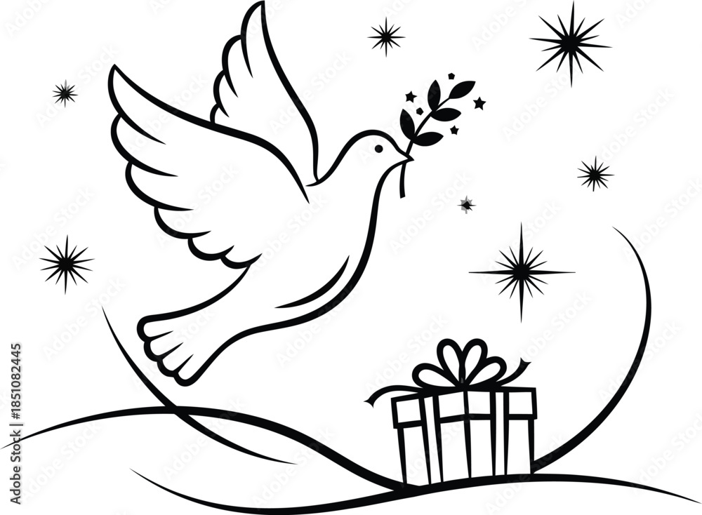 Fototapeta premium Dove carrying olive branch flies over gift box with sparkles