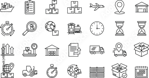 Logistics and supply chain line icon set featuring shipping, delivery, warehouse, inventory tracking, transport, and distribution management symbols