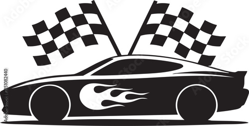 Streamlined black race car silhouette adorned with flame design and checkered flags against light wood grain backdrop celebrating speed and victory