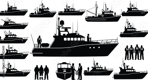 Commercial fishing boat silhouettes with crew members and maritime equipment, nautical industry black vector illustration isolated on white background