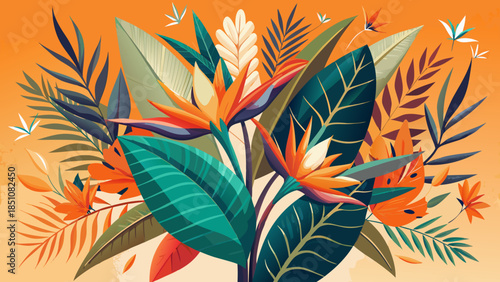 Very beautiful tropical bird of paradise flowers and leaves arranged on a modern orange background, featuring negative copy space and minimalist flat lay composition with contemporary design appeal.