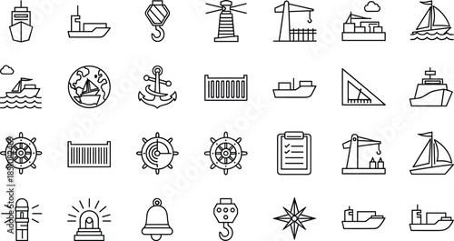 Maritime and shipping line icon set with ships anchors cranes navigation tools ports and nautical equipment outline illustration