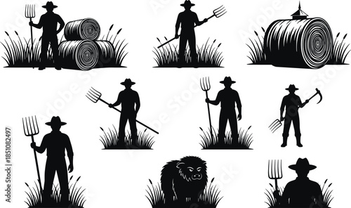 Farmer and farm tool silhouettes with hay bales and animals, rural agriculture black vector illustration isolated on white background
