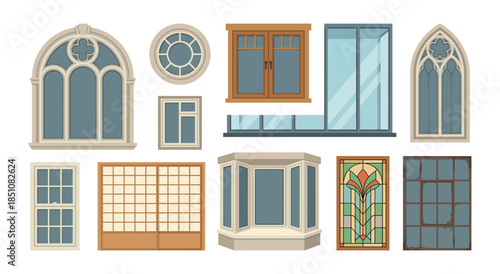 Various architectural window styles illustrating building design concepts