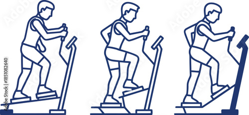Set of three stylized illustrations depicting a man exercising on an elliptical trainer machine