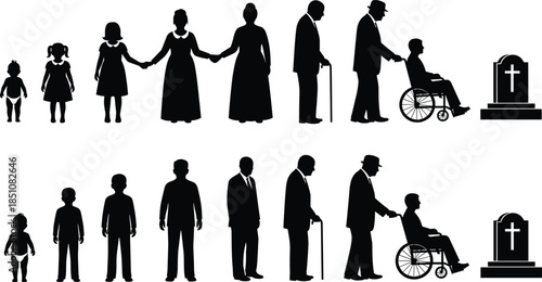 Human Life Cycle Silhouette Collection Showing Aging Process From Baby To Elderly Person With Wheelchair And Gravestone Symbolizing Eternal Life