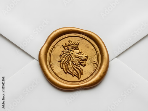 Golden wax seal emblem featuring lion head with crown isolated on envelope