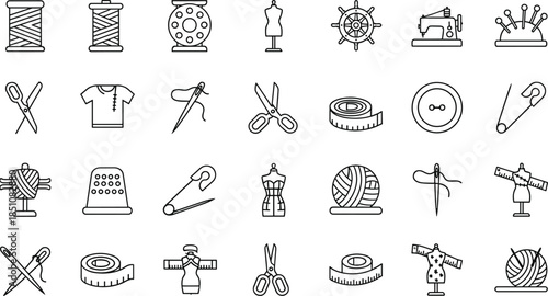 Sewing and tailoring line icon set with needles threads scissors mannequins measuring tools and fashion craft symbols illustration