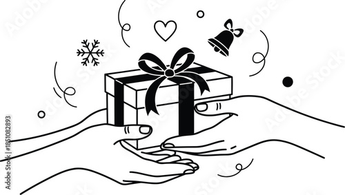 Hands exchanging gift box with ribbon and festive symbols around