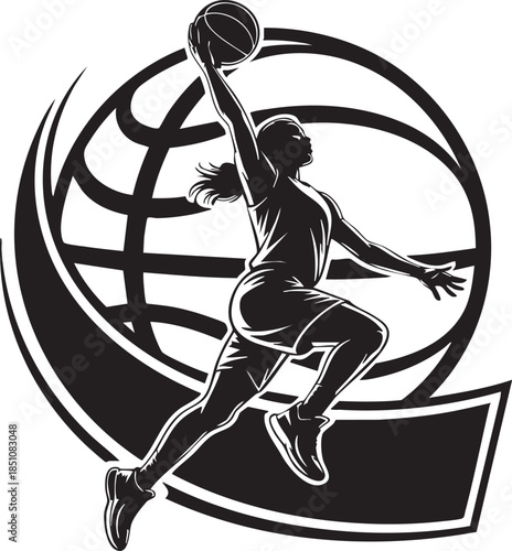 Dynamic vector silhouette illustration of a basketball player performing a slam dunk in front of a basketball graphic