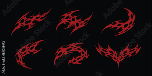 Set Neo Tribal Cybersigilism Shapes Collection. Set Of Y2k Cyber Sigilism Tattoo Gothic Patterns Vector Design. Streetwear Print Graphic.