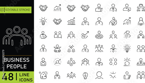 Business People Outline 48 Icon Set  Teamwork, Leadership, Communication, and HR Management