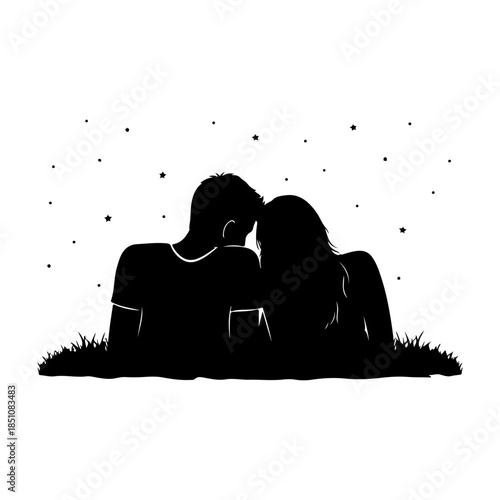 Romantic couple silhouette under starry night sky Vector