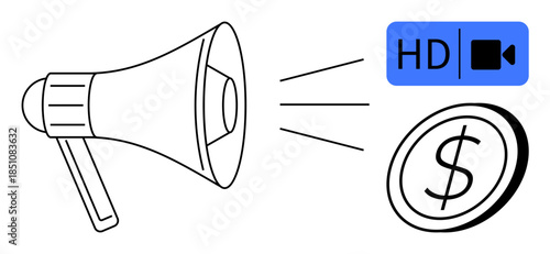 Digital marketing, online advertising, video production, creative services, financial growth, media channels. A megaphone points to video and dollar symbols. Digital marketing and online advertising
