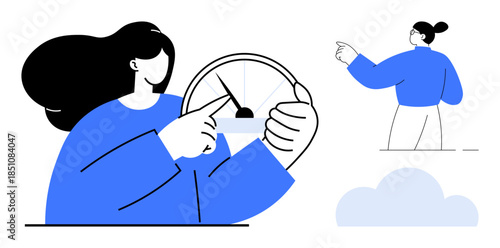 Performance monitoring, decision-making, progress tracking, leadership, analytics, and goal setting. Woman adjusting a gauge and pointing forward. Performance monitoring and decision-making concept