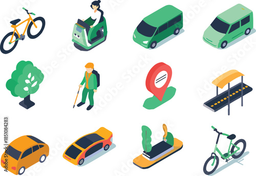 Isometric Green EV Transport Icons Vector Set – Electric Vehicle, Sustainable Mobility, Urban Transit, Flat Isometric, Eco Transport