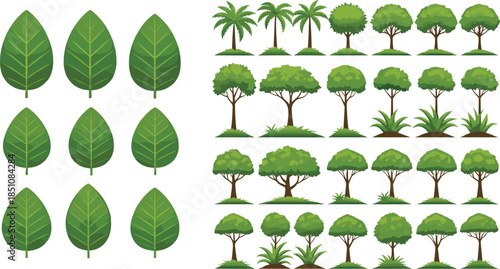 Tree and leaf landscape asset collection featuring various forest trees, palm trees, bushes, and foliage elements illustrated in clean flat vector style isolated on white background