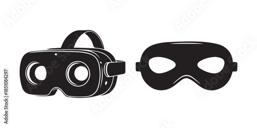 Virtual reality VR headset or sleep mask black silhouette white background for apps ,5G tower virtual reality headset and flowchart on white background cellular tower mobile network