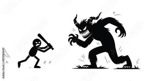 Man Versus Monster Illustration in Black and White Silhouette Showing Fierce Battle Between Warrior and Demon Creature for Horror, Fantasy, and Scary Artwork