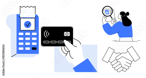 Digital payment ed with a transaction terminal and card. Identity verification with ID check. Secure transactions highlighted through trust and agreement. For fintech, security systems, business