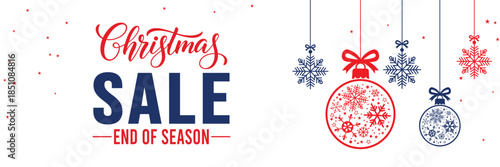 Modern Christmas sale banner with elegant script and bold SALE typography on a white background, featuring red and blue hanging snowflake ornaments, perfect for end of season winter holiday promotions