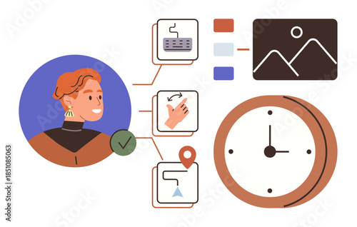 Person managing tasks via visual flowchart with icons thumbs up keyboard, map, and image. Clock emphasizes time management. Ideal for productivity, organization, planning, workflow, efficiency