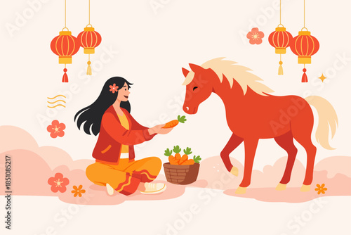 Chinese new year horse illustration. Lunar new year girl feeding horse. Year of the horse celebration art.