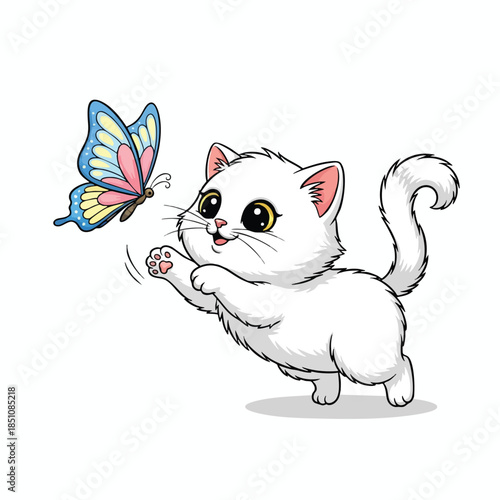 A white cat cartoon tries to catch a butterfly with colorful wings on a white background