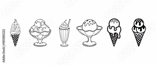 Ice Cream Icons Set Vector Line Art Illustrations of Sundaes, Cones, Soft Serve, and Milkshakes