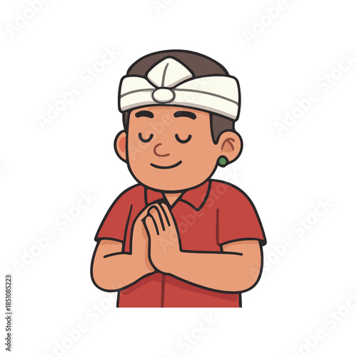 Balinese man praying with peaceful expression. Traditional Indonesian man wearing udeng and red shirt