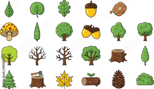Forest nature icon collection with trees, leaves, acorns, mushrooms, logs, stumps, and woodland elements illustrated in colorful flat vector style isolated on white background