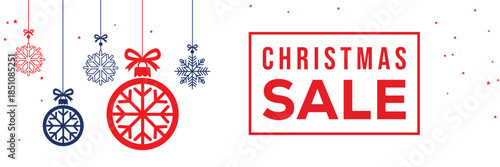 Modern Christmas sale banner with elegant script and bold SALE typography on a white background, featuring red and blue hanging snowflake ornaments, perfect for end of season winter holiday promotions