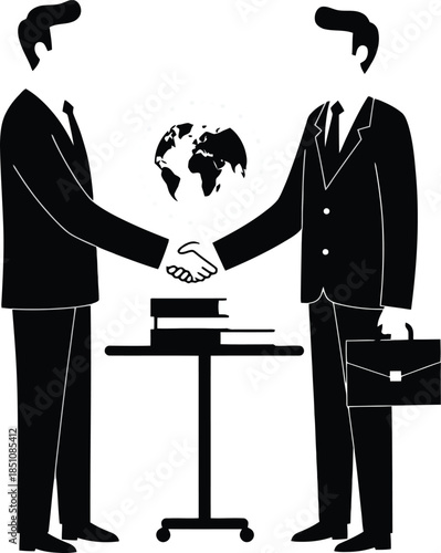 Two businessmen shaking hands over a globe icon with documents on table symbolizing international partnership or global deal
