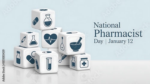 National pharmacist day concept with medical icons on white blocks