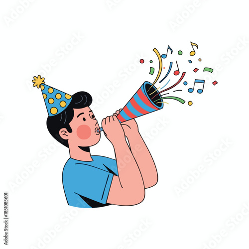 A cartoon person in a party hat blowing a party horn with confetti