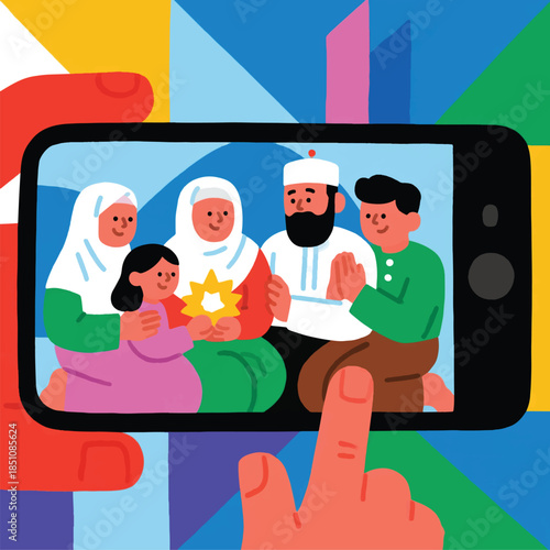Illustration Of A Muslim Family Celebrating Eid Al-Fitr With A Smartphone, Video Call Vector Design Template