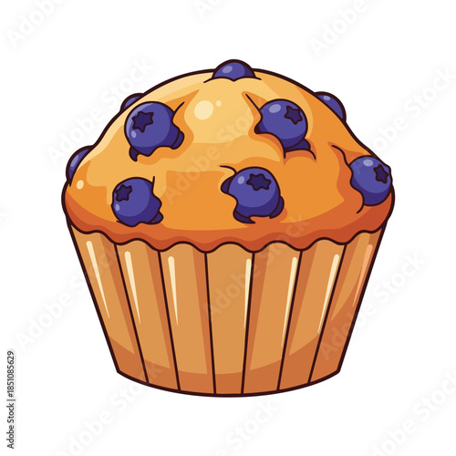 A baked blueberry muffin with rounded top in a paper cup