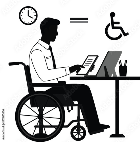 A professional in a wheelchair works at a desk with a laptop, surrounded by icons representing time, equality, and accessibility. This highlights workplace inclusion, remote work capability