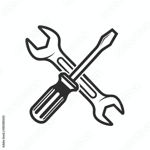 A black and white graphic of a wrench and screwdriver crossed