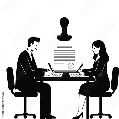 Business partners signing legal agreement document with stamp icon above symbolizing official contract