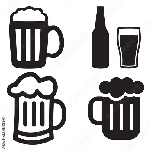 A collection of four minimalist black and white icons related to beer, arranged in a two-by-two grid. The images feature different representations of a frothy beer mug, a pint glass, and a beer bottle