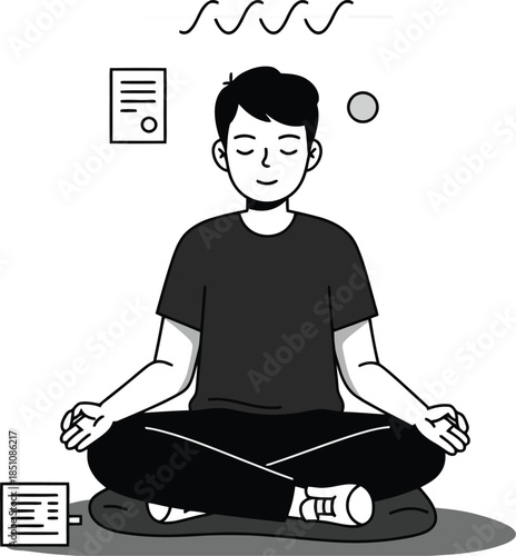Man meditating with work documents floating nearby symbolizing stress relief and mental clarity