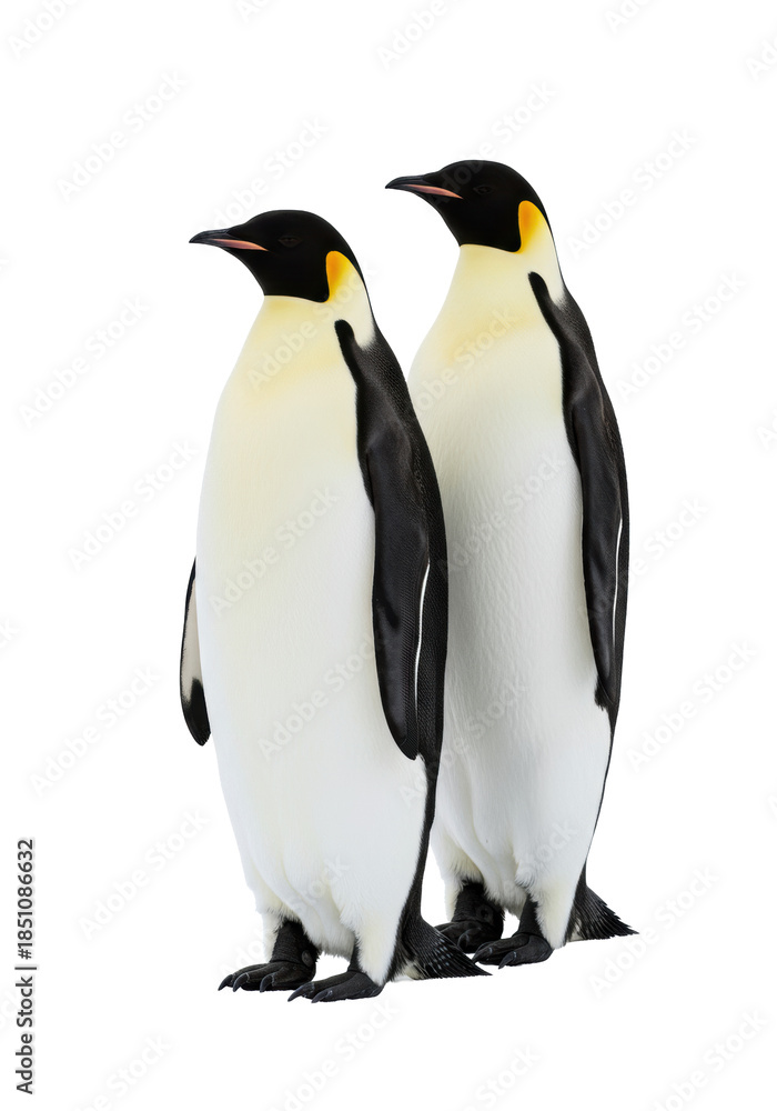 Fototapeta premium Two adult emperor penguins, black and white plumage with golden-orange streaks, standing side-by-side on a transparent seamless background, bright studio lighting, concept of regal partnership