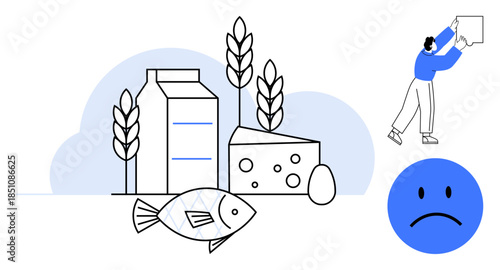 Food allergies. dairy, fish, and grains as common allergens. Food allergies highlighted with icons and reactions. For health, nutrition awareness, medical content, education wellness