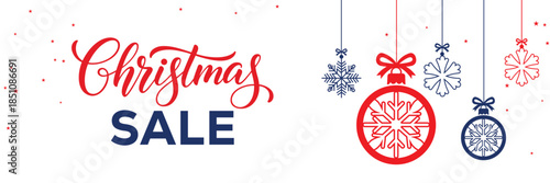 Modern Christmas sale banner with elegant script and bold SALE typography on a white background, featuring red and blue hanging snowflake ornaments, perfect for end of season winter holiday promotions