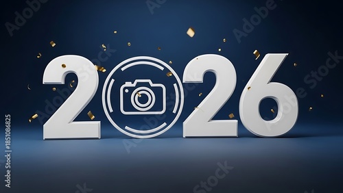 Happy New Year 2026 Photography Concept with White Camera Icon 3D Render Illustration on Dark Blue Background with Gold Confetti for Photographers and Studio Creative Media Digital Art Advertising