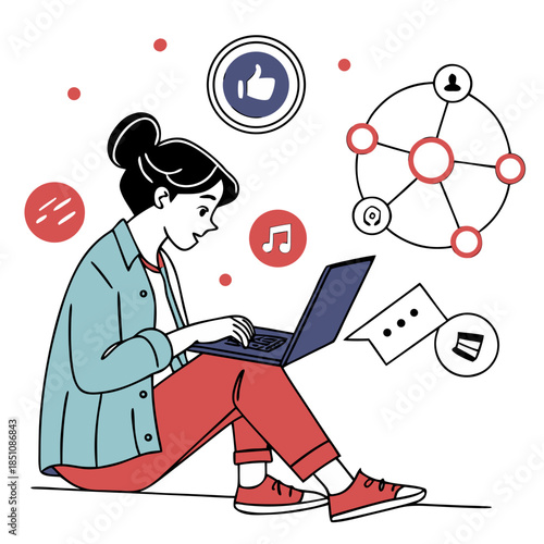 Digital content creator works with social media, network. Online internet marketing, SMM communication concept. Creative woman creating ideas. Flat vector illustration isolated on white background
