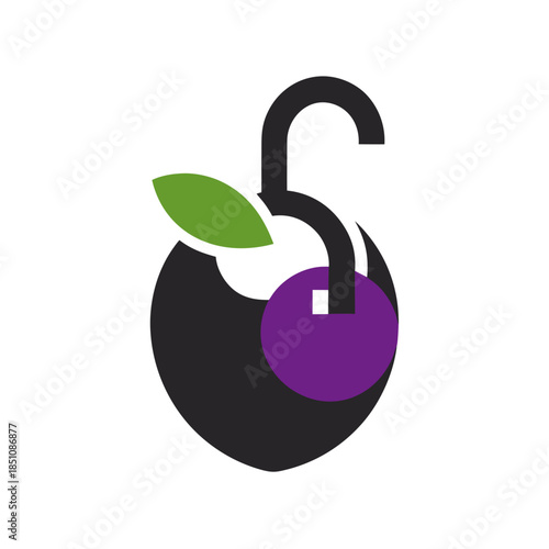 A stylized logo of a fruit with a hook and leaf design element