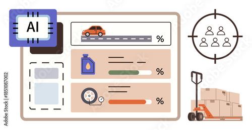 AI chip, performance dashboard tracking vehicle, oil, and tire data, target group, forklift with boxes. Ideal for logistics, supply chain inventory automation efficiency AI performance. Clean