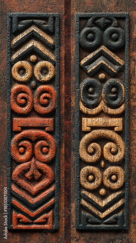 Ornate tribal wood carving panel in Maori inspired Polynesian design